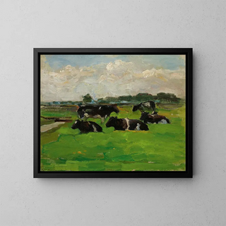 Landscape with a group of five cows - Piet Mondrian — framed artwork on a wall