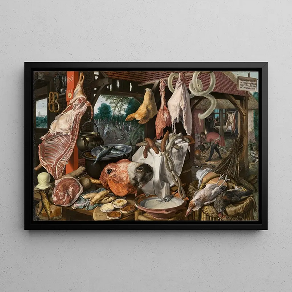 a meat stall with the Holy Family giving alms, the butcher's stall - Pieter Aertsen — framed artwork on a wall