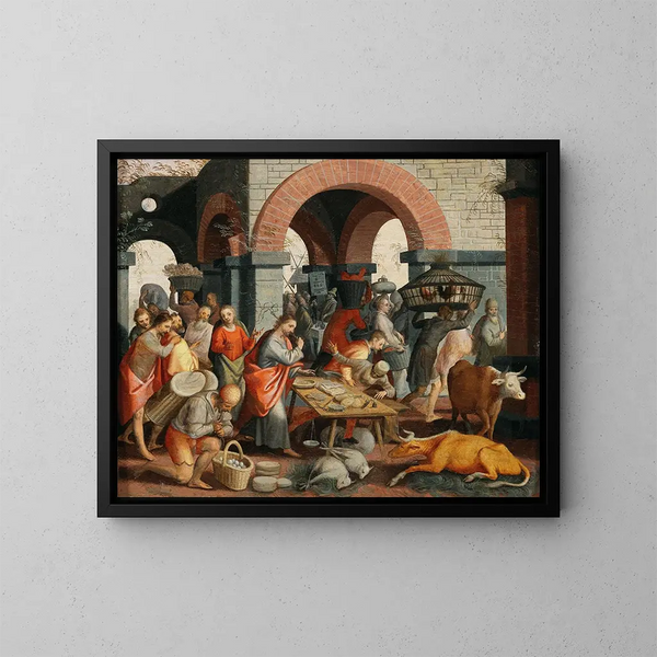 The Christ Chasing the Merchants from the Temple - Pieter Aertsen — framed artwork on a wall