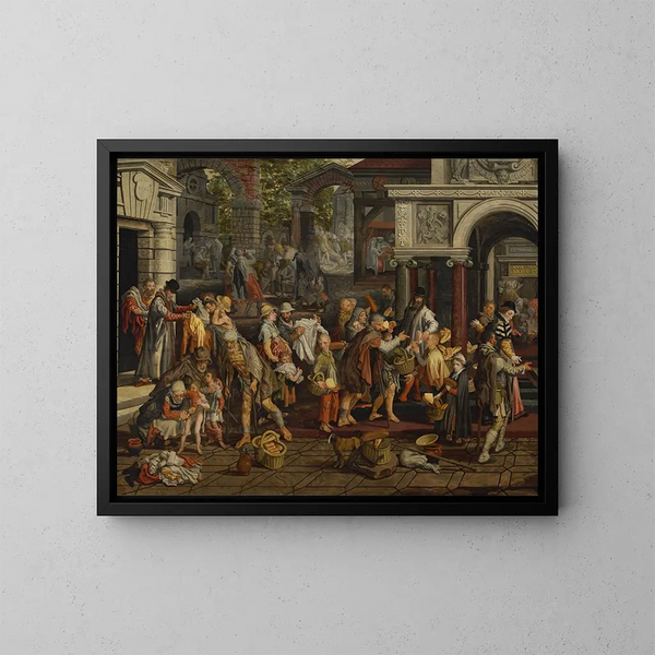 The Works of Christian Mercy - Pieter Aertsen — framed artwork on a wall