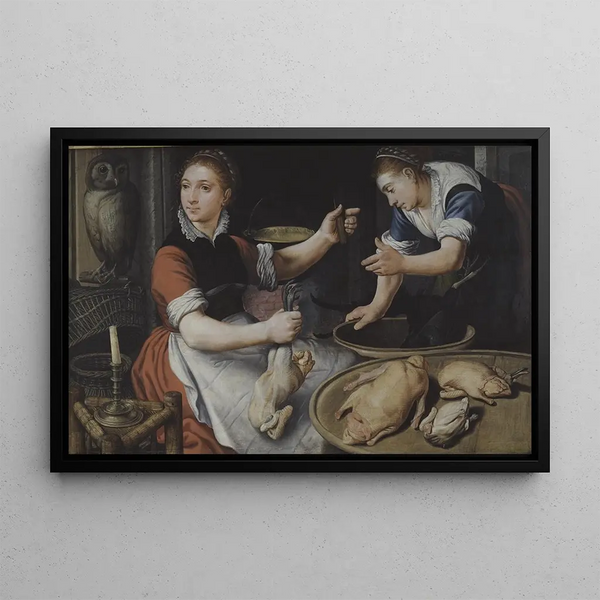 Two women cooking - Pieter Aertsen — framed artwork on a wall