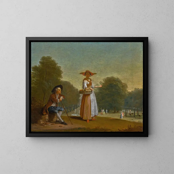 a fruit merchant and a man resting in a park beyond - Pieter Angillis — framed artwork on a wall