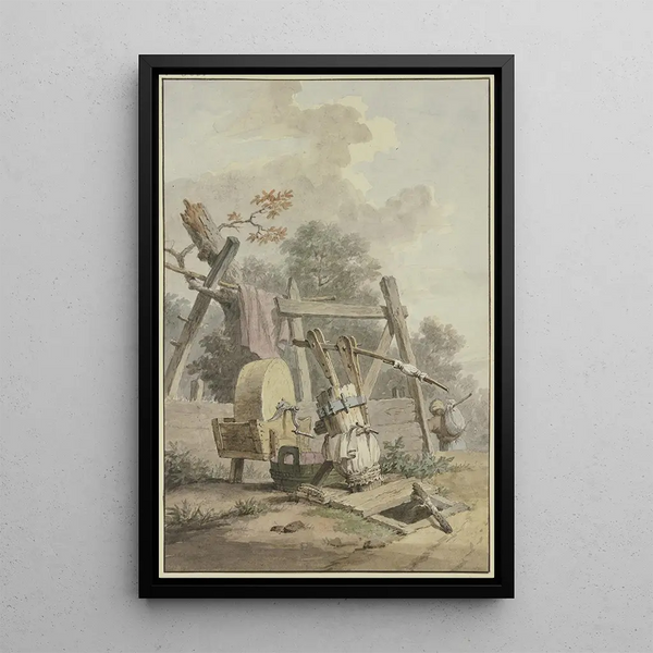 a grinding stone near a fountain - Pieter Bartholomeusz Barbiers — framed artwork on a wall