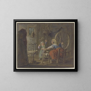 a painting of an old woman spinning thread while a child with a bird - Pieter Bartholomeusz Barbiers — framed artwork on a wall