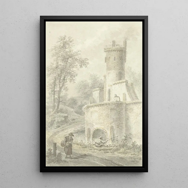 Landscape painting with fisherman and woman walking near a fortification tower - Pieter Bartholomeusz Barbiers — framed artwork on a wall