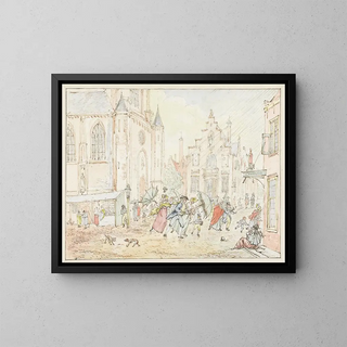 plein with people in the rain - Pieter Bartholomeusz Barbiers — framed artwork on a wall