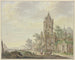the city with an old bell tower by the water, a woman with a boy and two sheep - Pieter Bartholomeusz Barbiers — artwork view