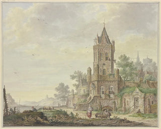the city with an old bell tower by the water, a woman with a boy and two sheep - Pieter Bartholomeusz Barbiers — artwork view