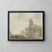 the city with an old bell tower by the water, a woman with a boy and two sheep - Pieter Bartholomeusz Barbiers — framed artwork on a wall