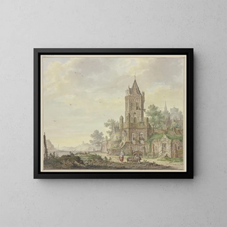 the city with an old bell tower by the water, a woman with a boy and two sheep - Pieter Bartholomeusz Barbiers — framed artwork on a wall