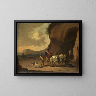 Cavaliers arrêtés dans un col montagneux - Pieter Bout — framed artwork on a wall