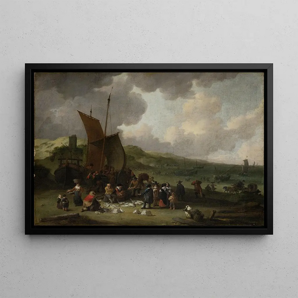 La Plage de Scheveningen avec pêcheur revenant - Pieter Bout — framed artwork on a wall