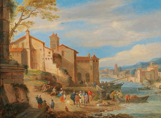 The port of Ripa Grande in Rome with merchants in conversation - Pieter Bout — artwork view