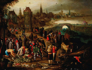 a Fish Market in front of a city by the water - Pieter Brueghel III — artwork view
