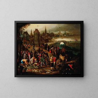 a Fish Market in front of a city by the water - Pieter Brueghel III — framed artwork on a wall
