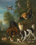 a family of hens repelling a spaniel in a landscape - Pieter Casteels III — artwork view