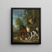 a family of hens repelling a spaniel in a landscape - Pieter Casteels III — framed artwork on a wall