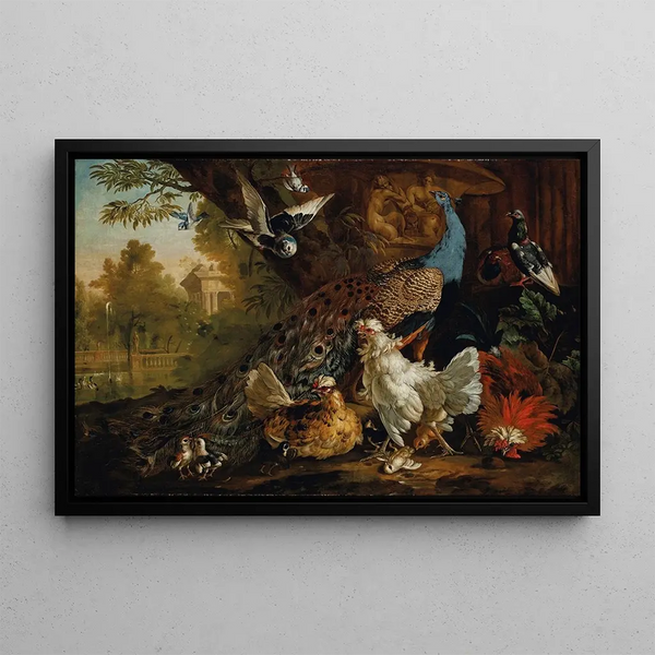 a peacock, hens, pigeons, and other birds in a landscape - Pieter Casteels III — framed artwork on a wall