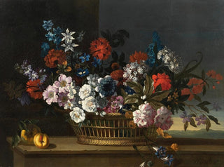 a mixed flower painting in a basket next to peaches on a table, a landscape beyond - Pieter Casteels III — artwork view