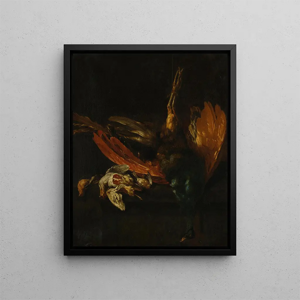 a feathered game still life on a ledge - Pieter Casteels III — framed artwork on a wall