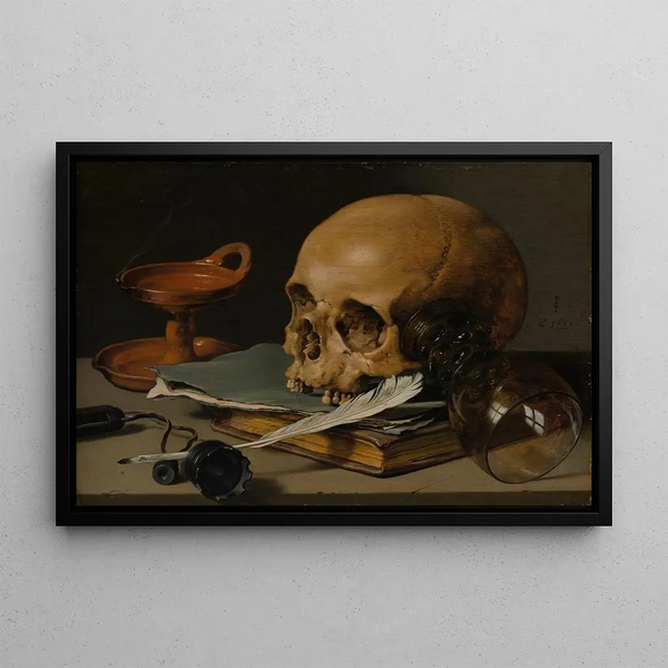 Nature morte with a skull and a writing quill - Pieter Claesz — framed artwork on a wall