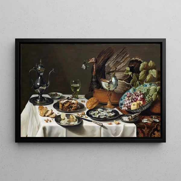 Still life with a turkey pie - Pieter Claesz — framed artwork on a wall