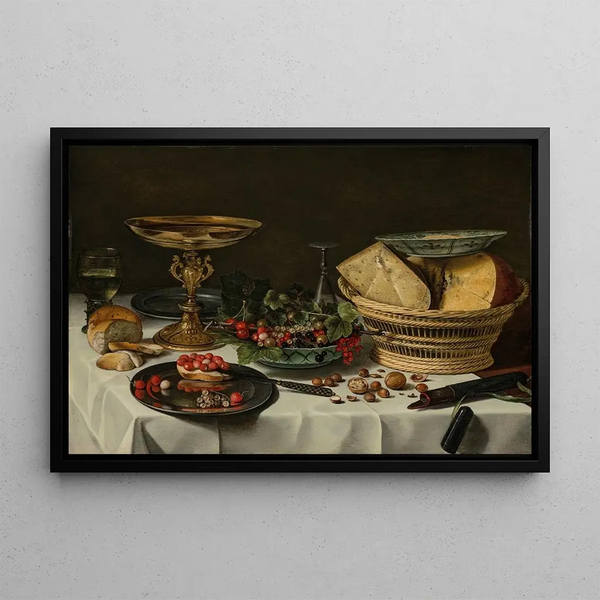 Strawberries, currants, and bread on a pewter plate - Pieter Claesz — framed artwork on a wall