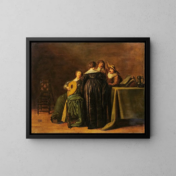 a fashionable company with a woman playing the lute - Pieter Codde — framed artwork on a wall