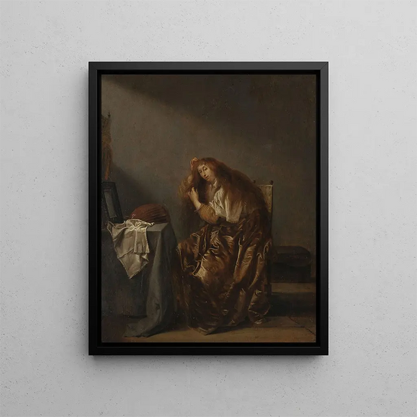 Woman in front of the mirror - Pieter Codde — framed artwork on a wall