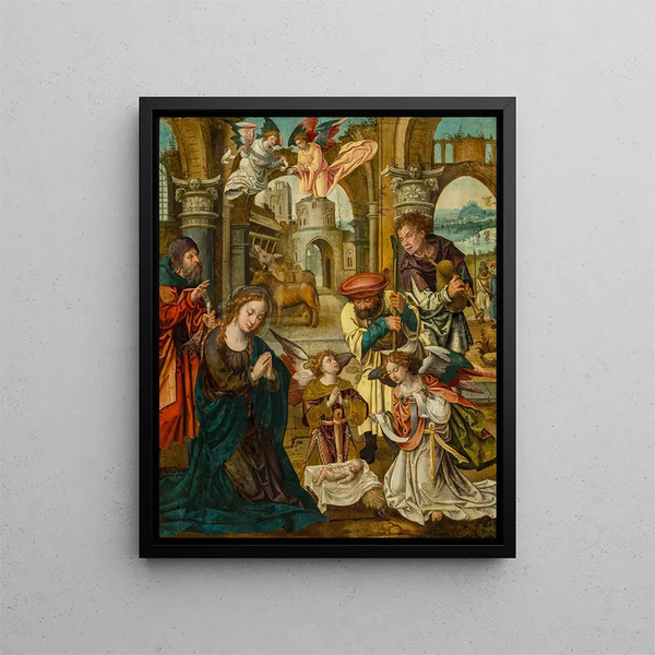 L'Adoration of the Shepherds Luke 2:16-20 - Pieter Coecke van Aelst — framed artwork on a wall