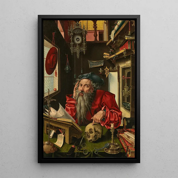Saint Jerome in his study - Pieter Coecke van Aelst — framed artwork on a wall