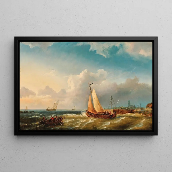 View of a port - Pieter Cornelis Dommersen — framed artwork on a wall