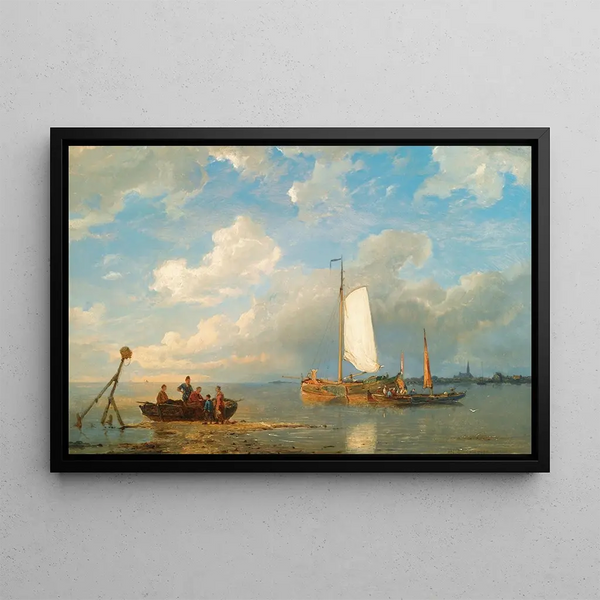 Ships in a Dutch estuary at low tide - Pieter Cornelis Dommersen — framed artwork on a wall