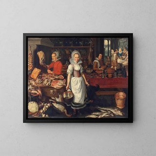Scene of a kitchen with the parable of the rich man and Lazarus the poor - Pieter Cornelisz van Rijck — framed artwork on a wall