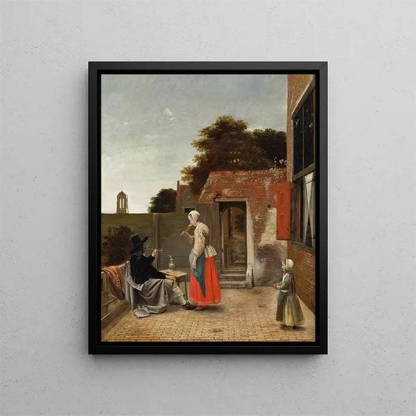 a man smoking and a woman drinking in a courtyard - Pieter de Hooch — framed artwork on a wall