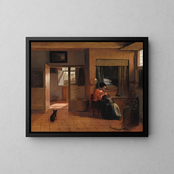 A mother untying her child's hair - Pieter de Hooch — framed artwork on a wall