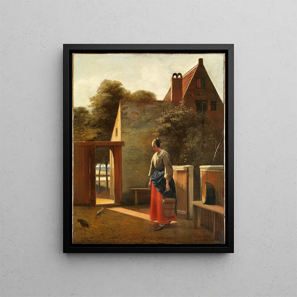 a woman cleaning with a bucket in a backyard - Pieter de Hooch — framed artwork on a wall