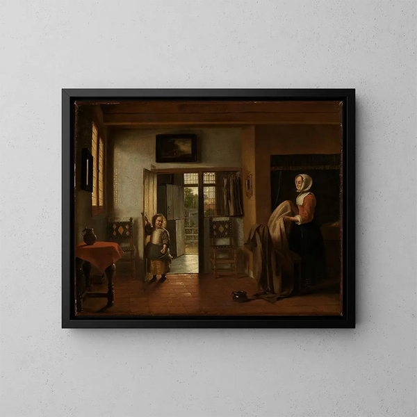 In the bedroom - Pieter de Hooch — framed artwork on a wall