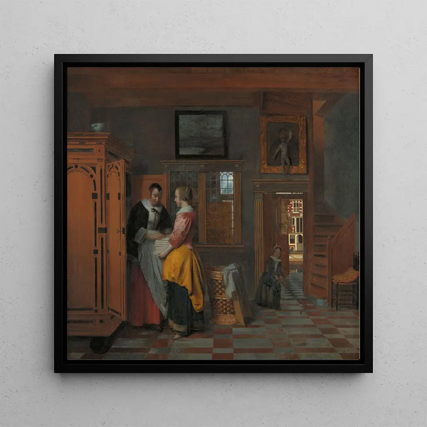 Interior painting with women next to a laundry cabinet - Pieter De Hooch — framed artwork on a wall