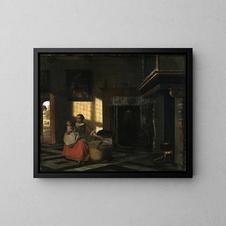 Interior painting with a mother near a cradle - Pieter de Hooch — framed artwork on a wall