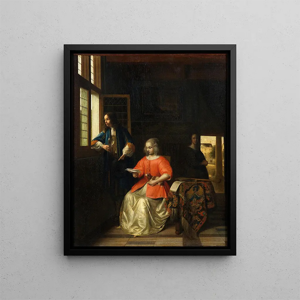 Interior painting with a young woman reading a letter - Pieter de Hooch — framed artwork on a wall