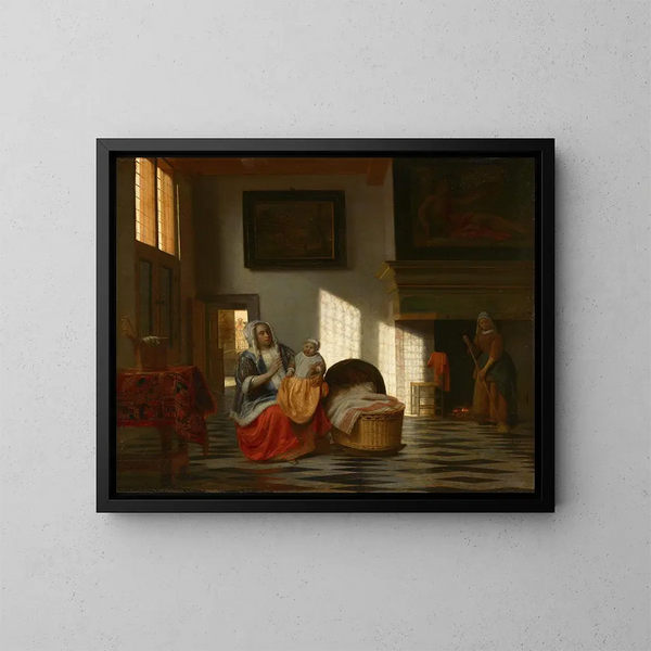 Interior painting with mother and child - Pieter de Hooch — framed artwork on a wall