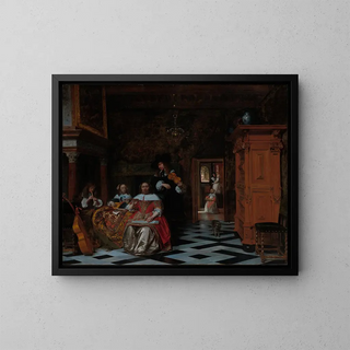 Portrait of a family playing music - Pieter de Hooch — framed artwork on a wall