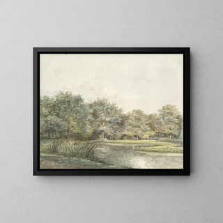 Landscape painting with trees by the water's edge - Pieter Ernst Hendrik Praetorius — framed artwork on a wall