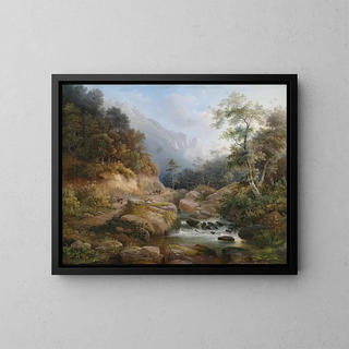 a mountainous river landscape with figures - Pieter Francis Peters — framed artwork on a wall
