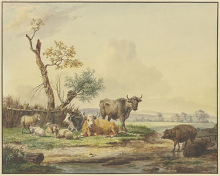 Next to a Fence, Livestock in the Meadow, Two Pigs on the Right - Pieter Gerardus van Os — artwork view