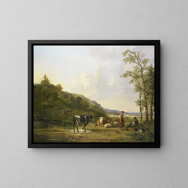 Landscape with Shepherds and Livestock - Pieter Gerardus van Os — framed artwork on a wall