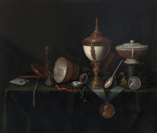 Still life with an ostrich egg cup and the Whitfield legacies - Pieter Gerritsz van Roestraeten — artwork view