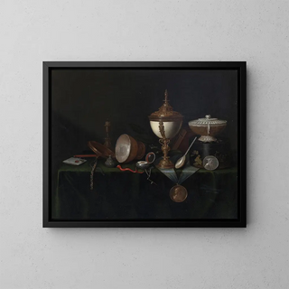 Still life with an ostrich egg cup and the Whitfield legacies - Pieter Gerritsz van Roestraeten — framed artwork on a wall