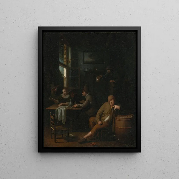 a tavern interior with characters drinking at a table and a man smoking a pipe - Pieter Harmensz Verelst — framed artwork on a wall